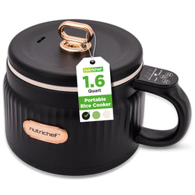 NutriChef portable 1.6 Qt rice cooker exterior in black, space-saving design for small kitchens.