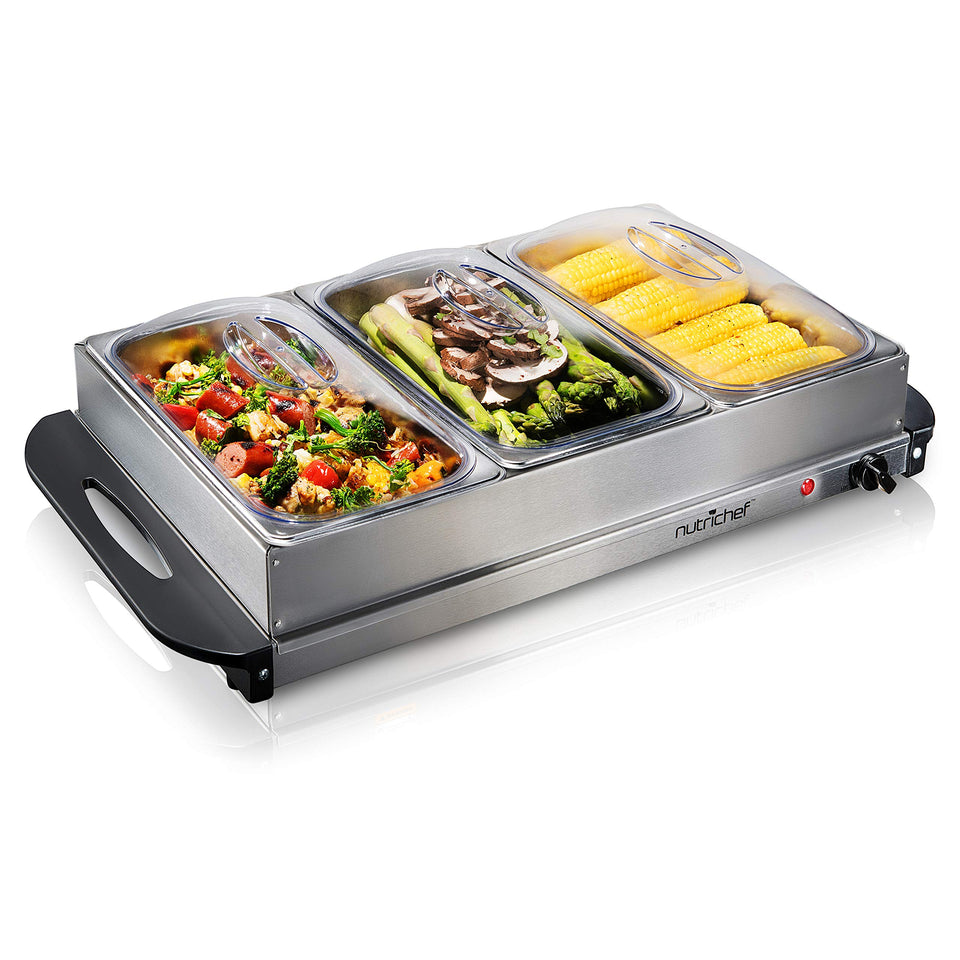 NutriChef professional buffet warmer with 3 trays in stainless steel for catering on the go.