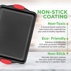 NutriChef pans with red silicone handles offer safe grip and heat resistance during use.