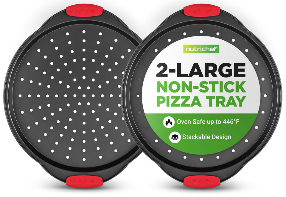 NutriChef round carbon steel pizza tray with perforated holes for crispy crusts.