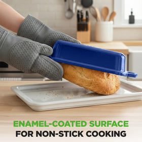Included silicone gloves ensure safe handling from oven to table