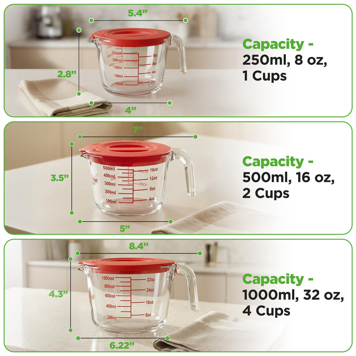 NutriChef stackable glass measuring cups to save counter space.