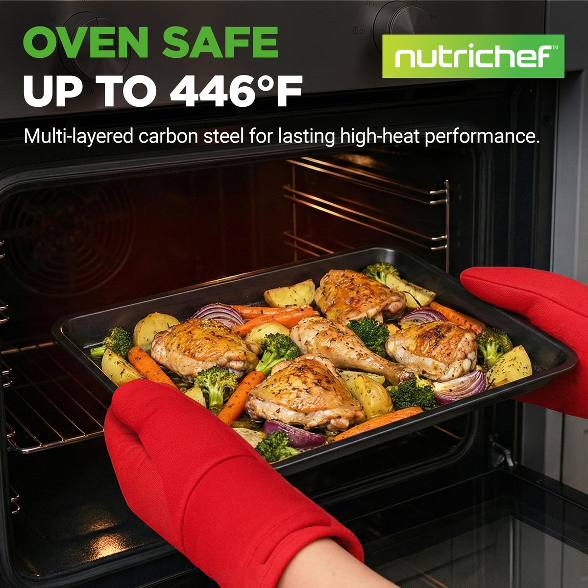 NutriChef wide baking pan highlights space-saving design for batch baking.