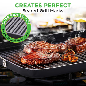 NutriChef grill pan featuring stay-cool handles for comfortable cooking on any stove.