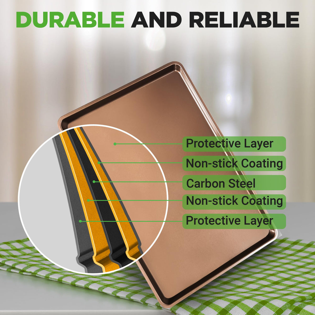 NutriChef large baking sheet set in kitchen scene showcases two-pack practicality.