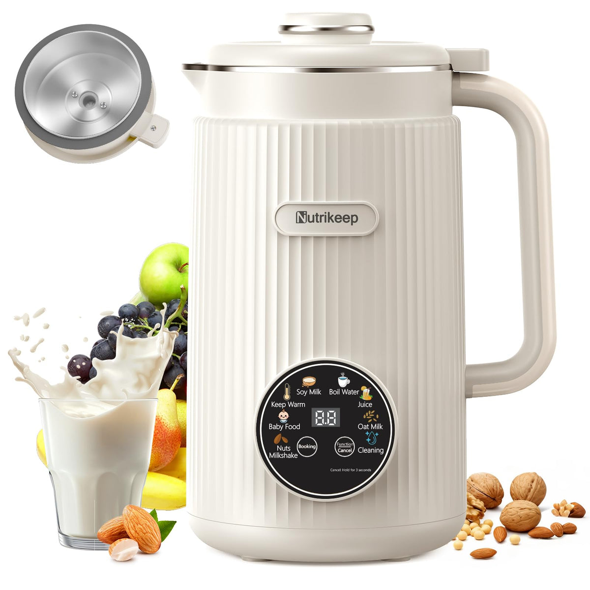 Nutrikeep upgraded lid close-up showing rust-resistant stainless steel for pure flavor.