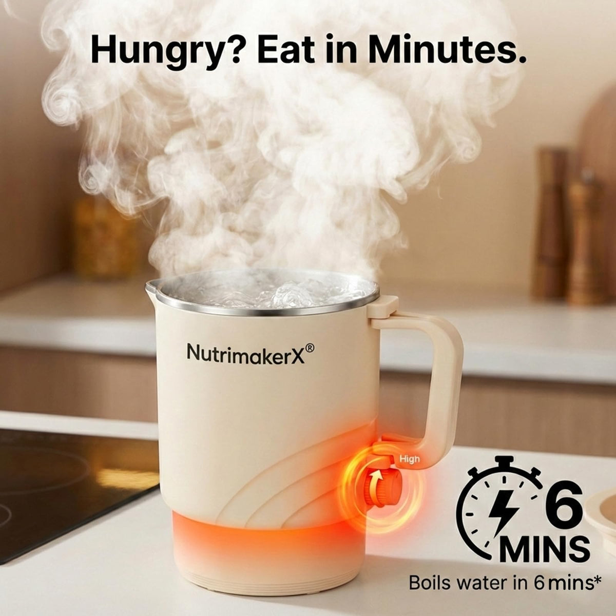 Cool-touch exterior and sturdy handle allow table-side serving with Nutrimakerx.