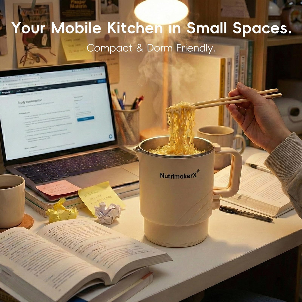 Compact Nutrimakerx hot pot ideal for dorms or offices and easy transport.