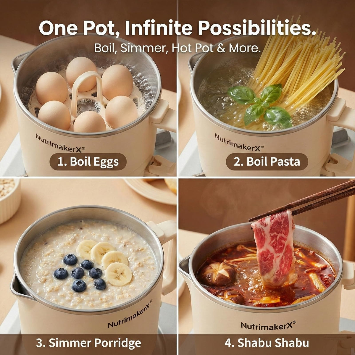 Nutrimakerx hot pot enables ramen or Shabu Shabu preparation in minutes with dual power.