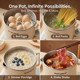 Nutrimakerx hot pot enables ramen or Shabu Shabu preparation in minutes with dual power.