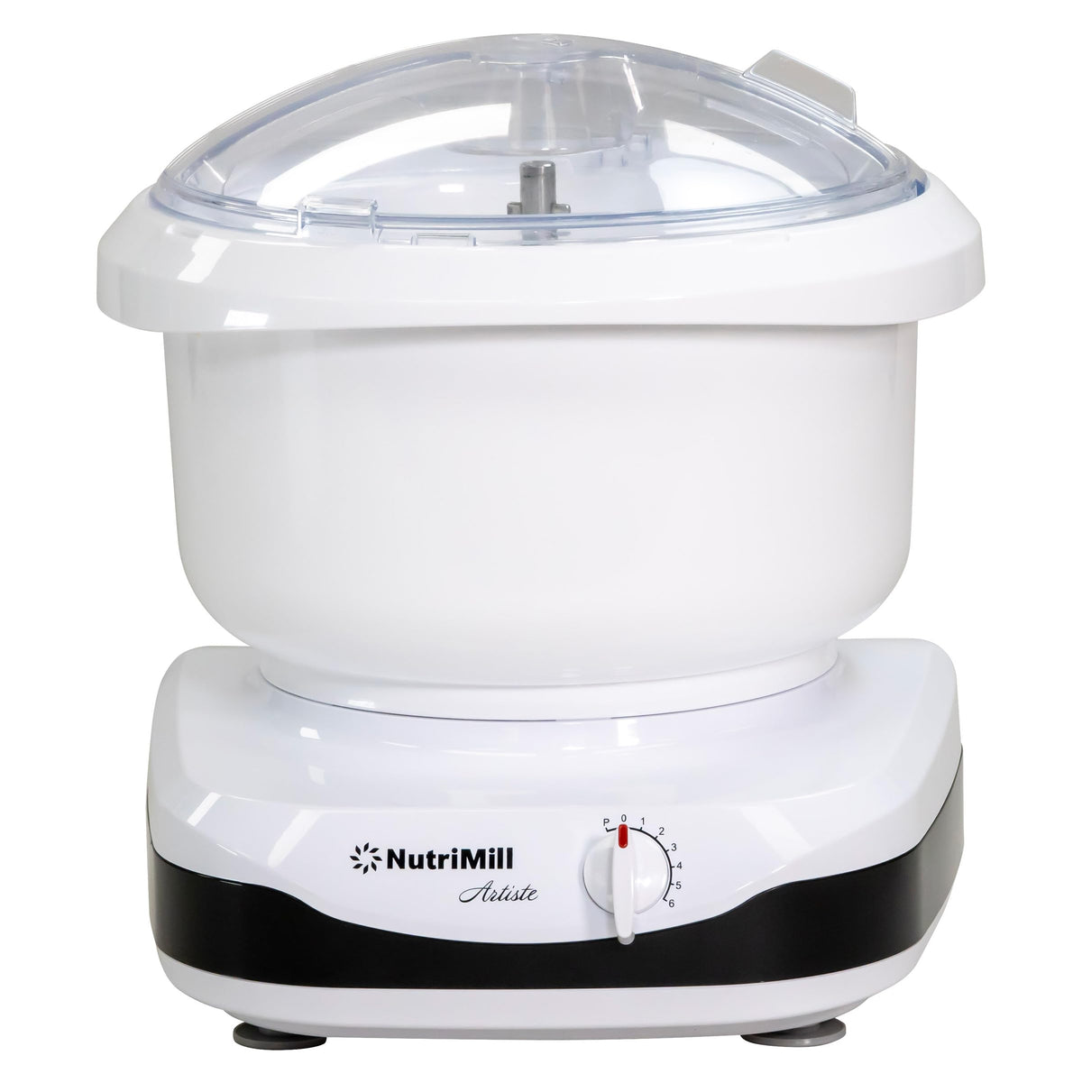 Nutrimill Artiste stand mixer on a kitchen counter for smooth batter preparation