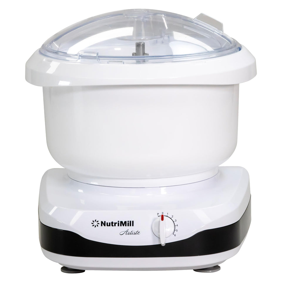 Nutrimill Artiste stand mixer on a kitchen counter for smooth batter preparation
