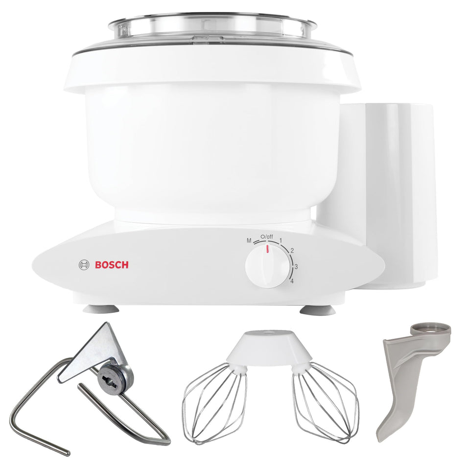 Nutrimill Bosch Universal Plus stand mixer front view shows sturdy build for family baking.