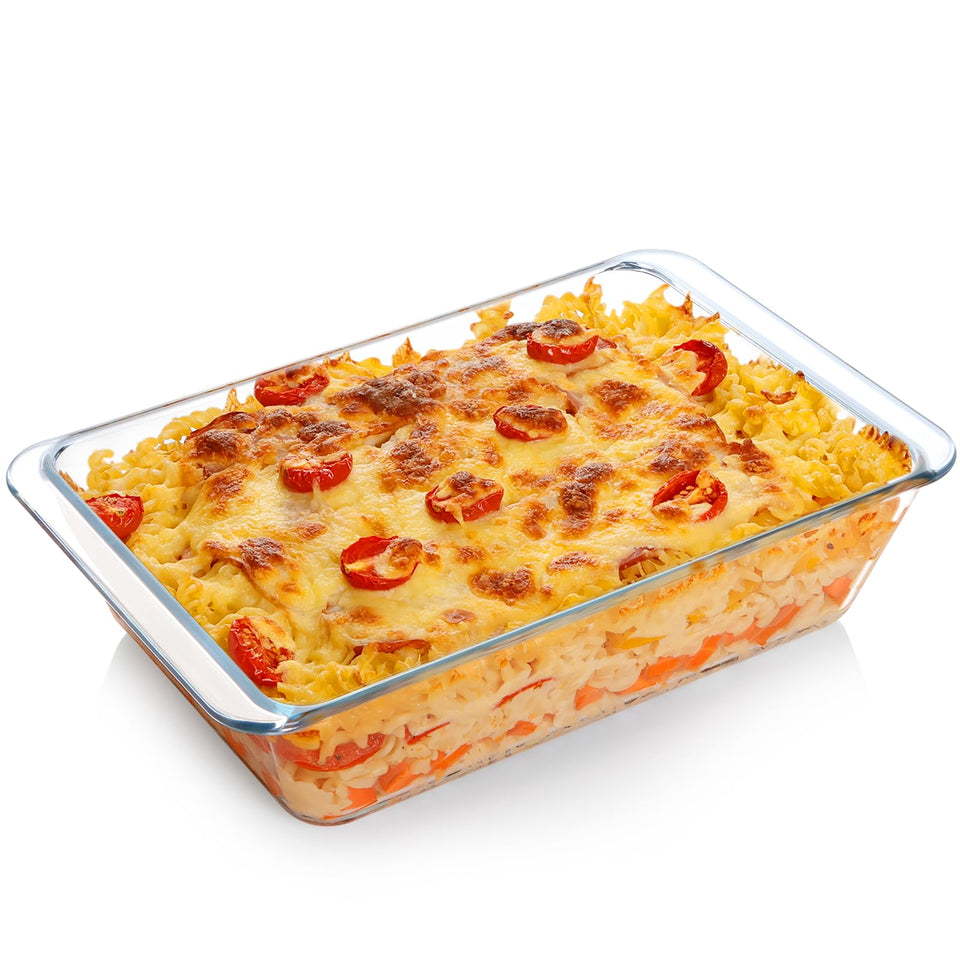 NUTRIUPS 3.7QT rectangular deep glass baking dish ready for lasagna or casseroles.