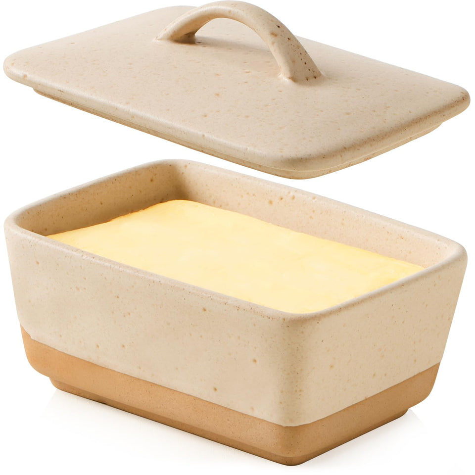 Nutriups ceramic butter dish with lid on countertop keeps butter fresh.