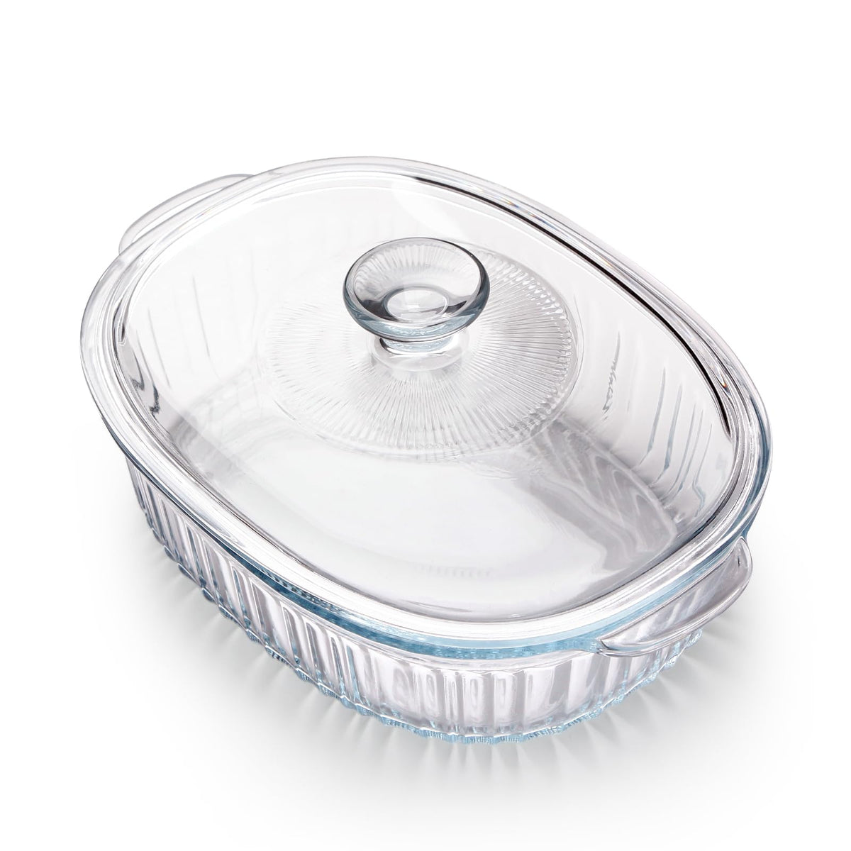 NUTRIUPS oval glass casserole dish in borosilicate glass for even heat and easy cleaning.