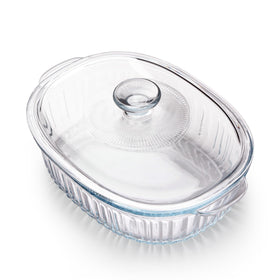 NUTRIUPS oval glass casserole dish in borosilicate glass for even heat and easy cleaning.