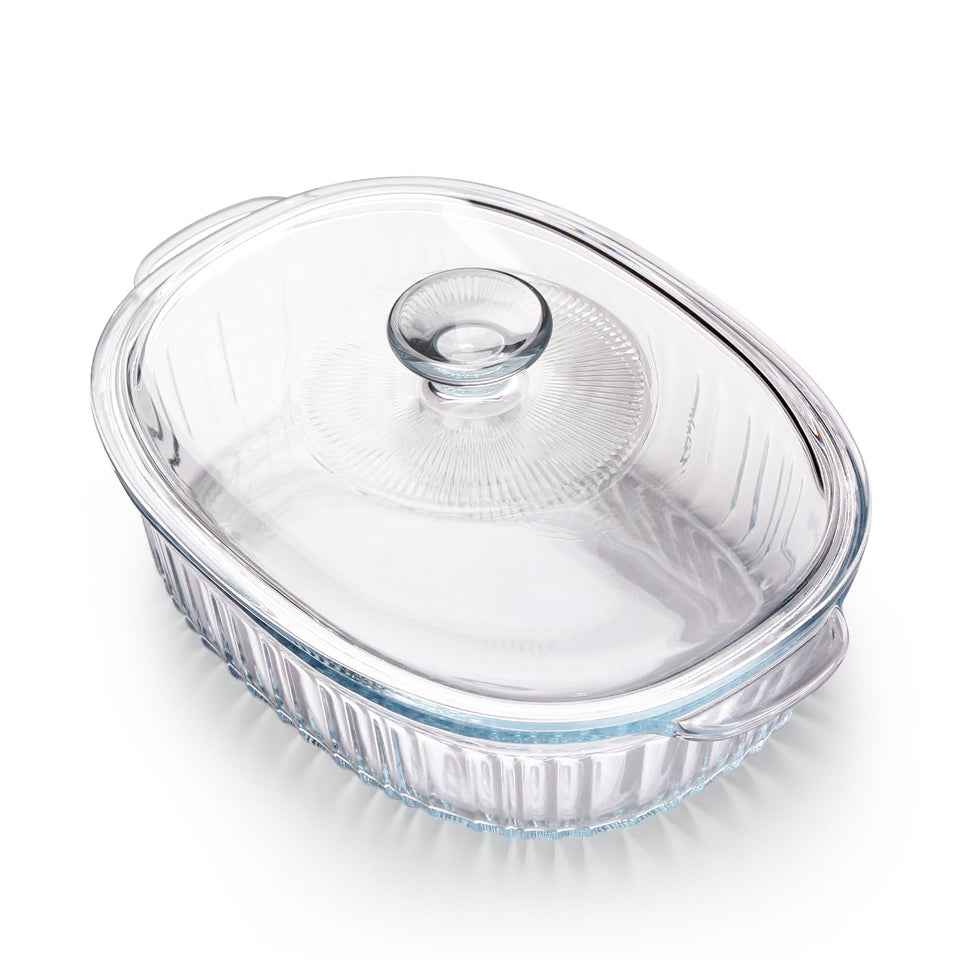 NUTRIUPS oval glass casserole dish in borosilicate glass for even heat and easy cleaning.
