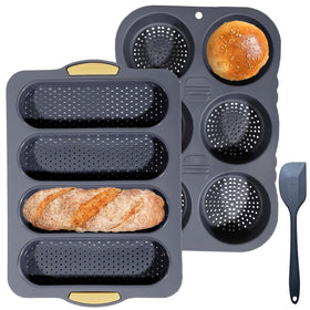 Nuuubik 3pc silicone set top view showing bun pan and baguette tray for even baking.