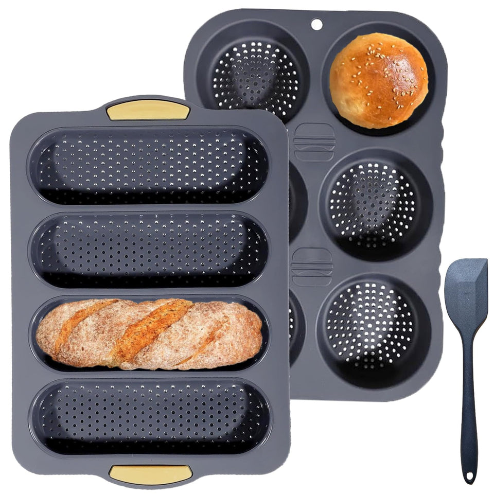 Nuuubik 3pc silicone set top view showing bun pan and baguette tray for even baking.