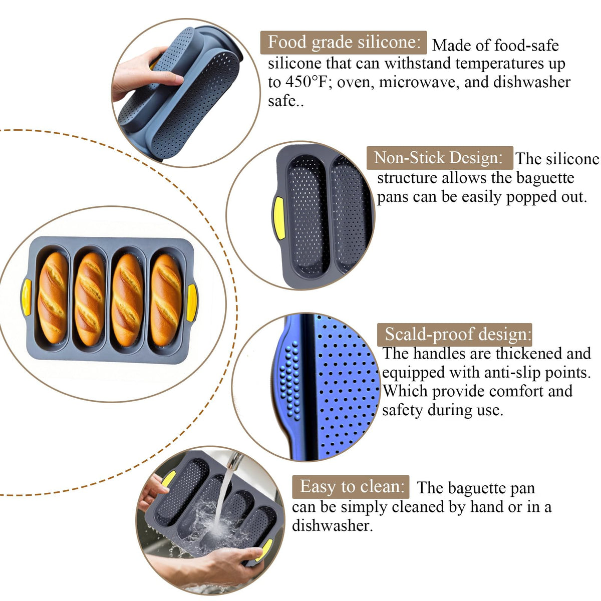 Nuuubik silicone baking pan with non-slip handle reduces slips during use.