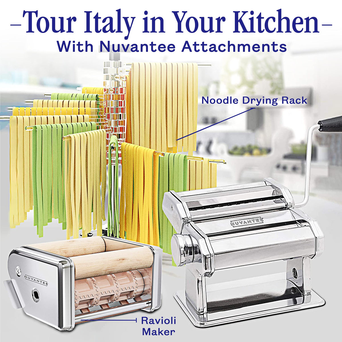 Compact kitchen setup featuring the Nuvantee pasta maker in action.