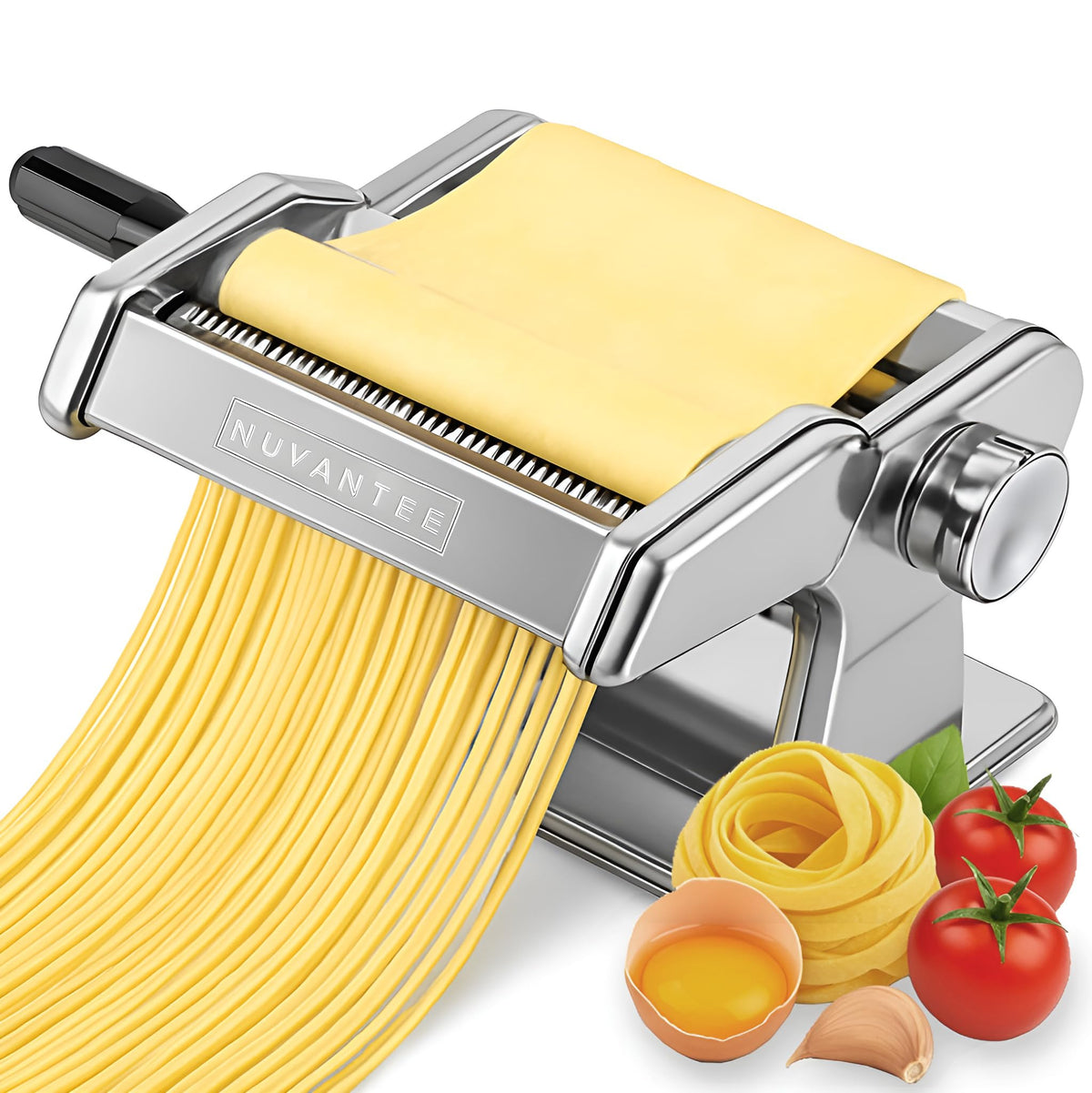 Nuvantee pasta maker side view shows premium stainless steel and compact footprint.
