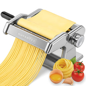 Nuvantee pasta maker side view shows premium stainless steel and compact footprint.