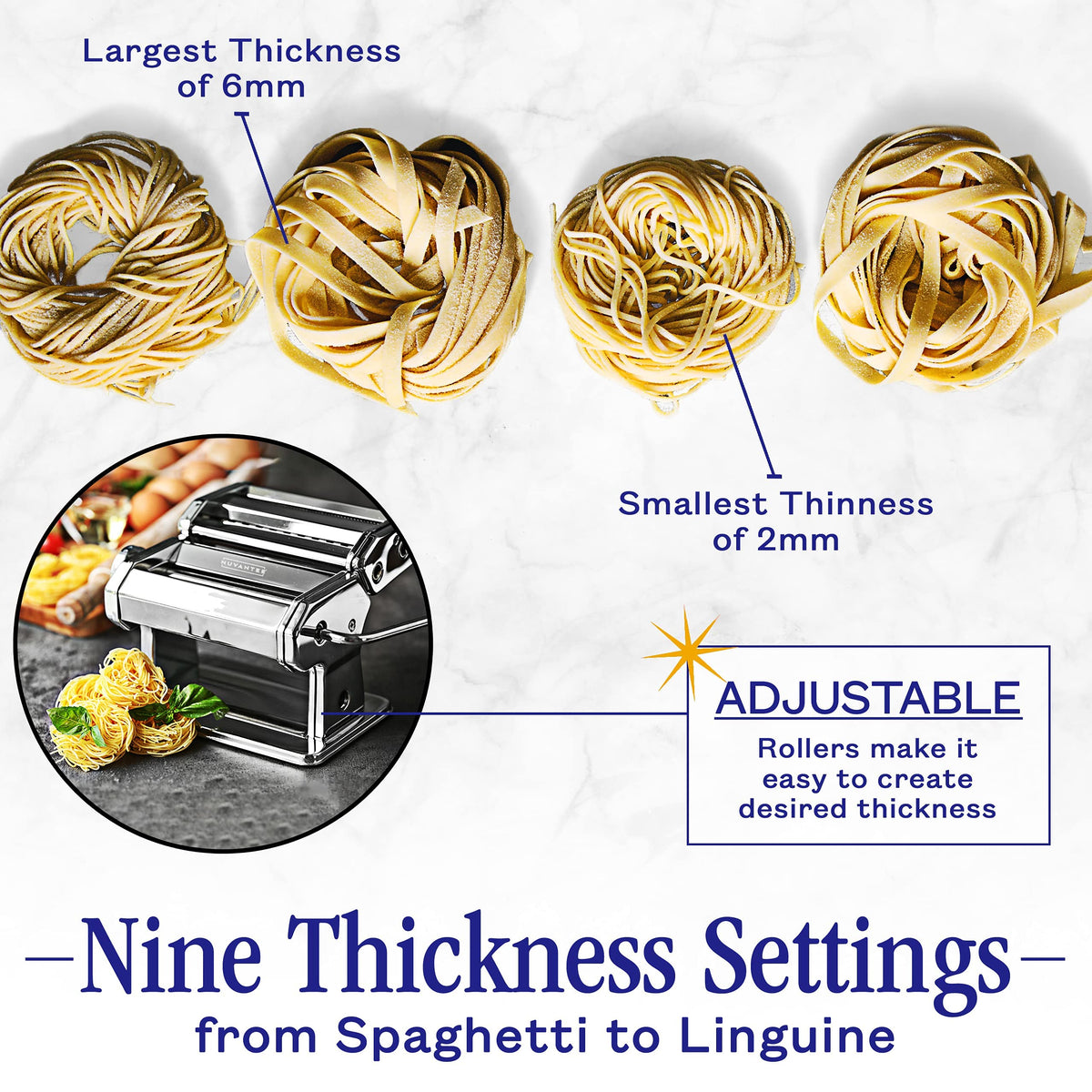 Nuvantee pasta maker set to 3mm thickness for sturdy pasta textures.