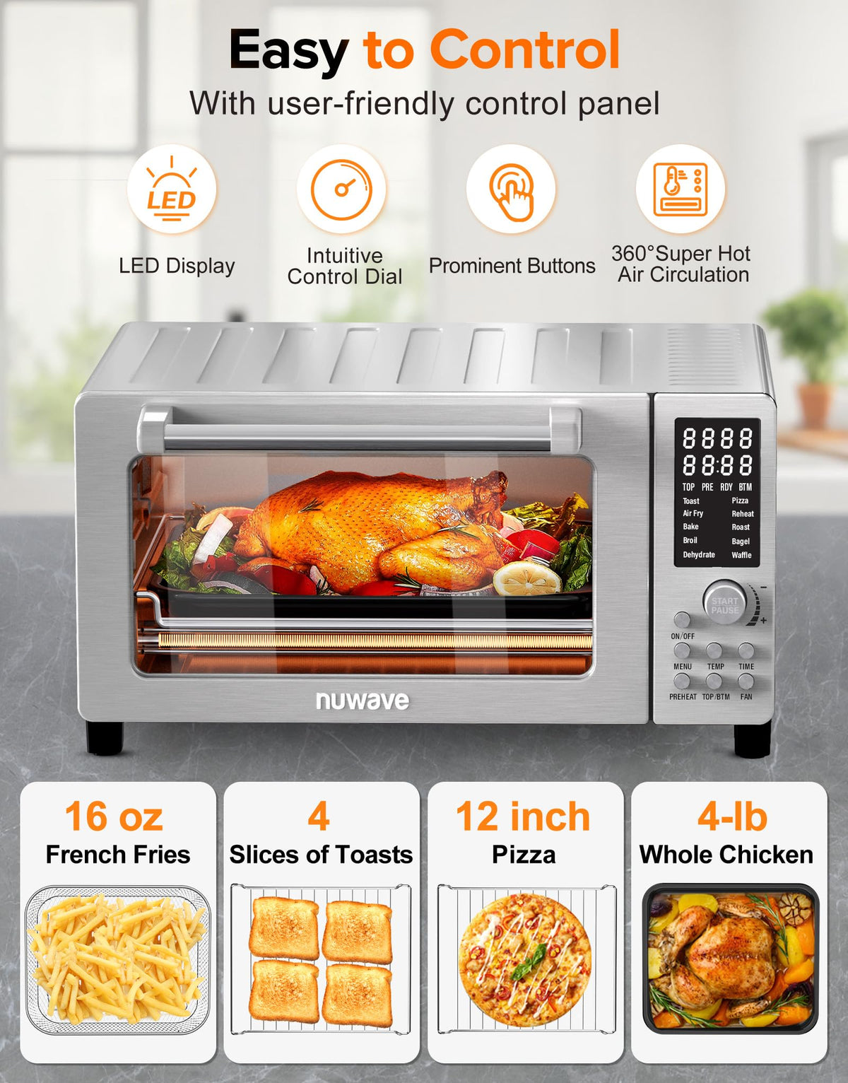 Nuwave Bravo Pro control panel shows adjustable heat and fan.