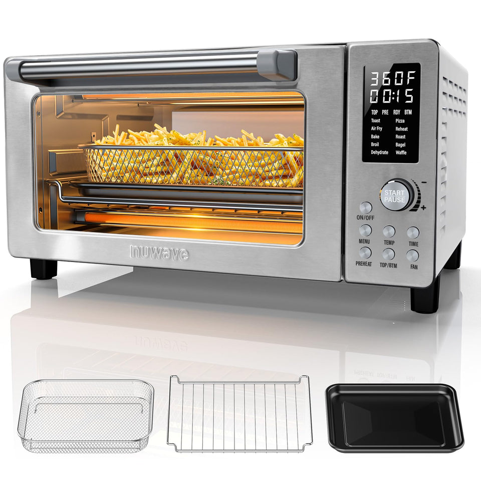 Nuwave Bravo Pro front view in stainless steel, ideal for compact kitchens
