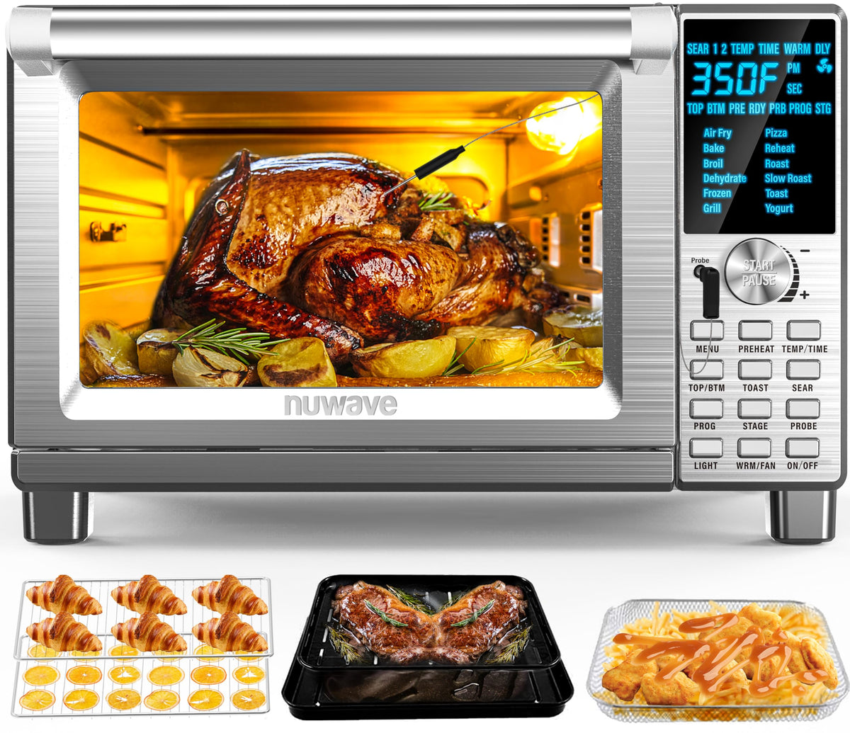 Nuwave Bravo XL front view with brushed stainless steel exterior for easy countertop placement.