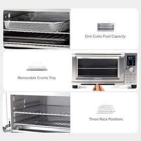 Nuwave Bravo XL display of preset functions including grilling, baking, and toasting.