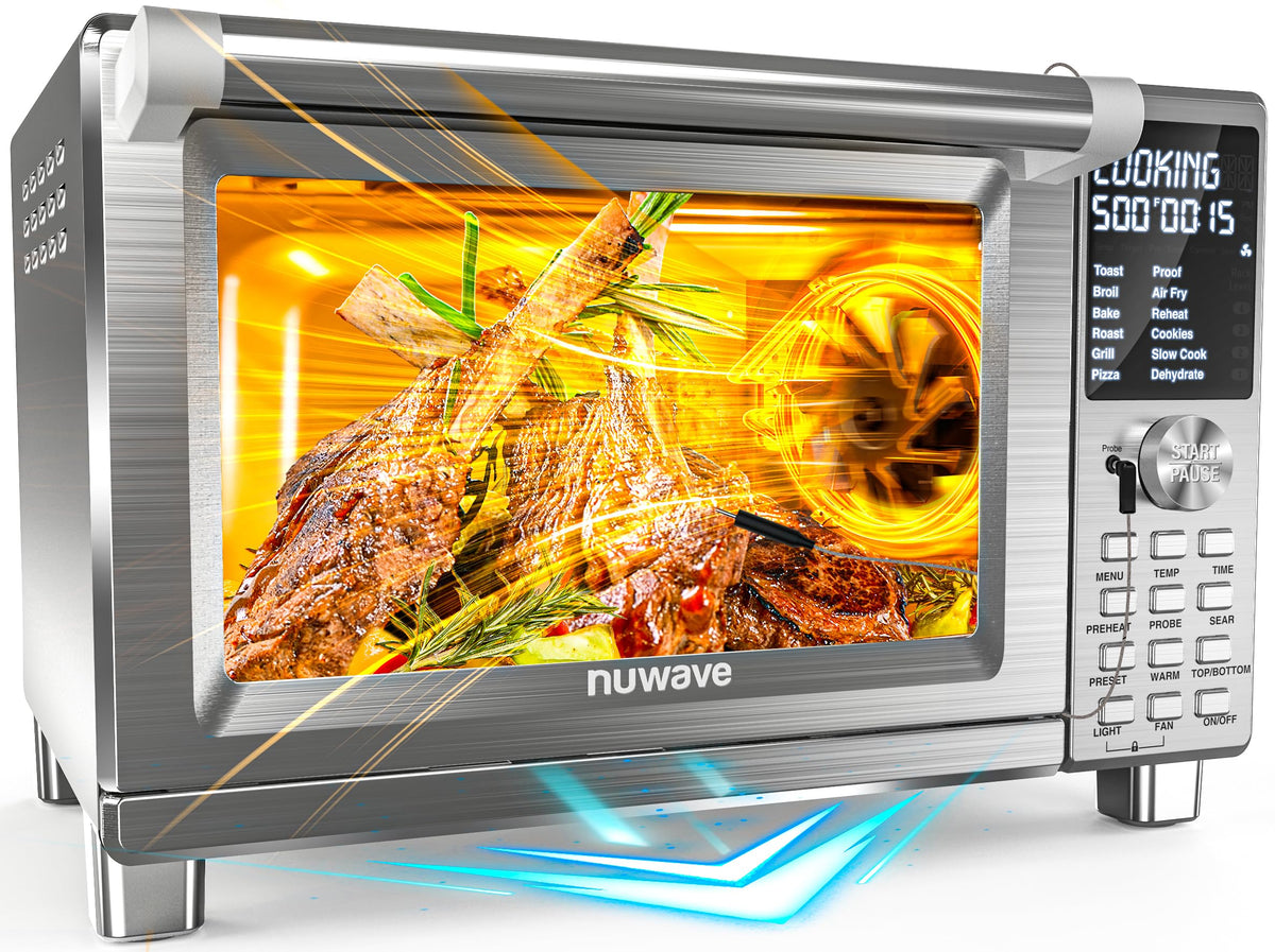 Nuwave Bravo XL Pro front view highlights stainless steel body and compact size for kitchens.