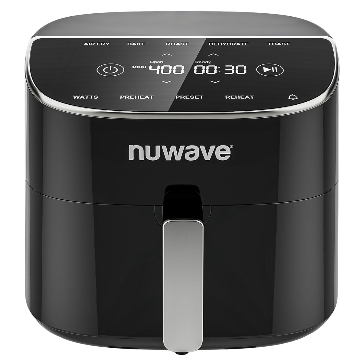Nuwave Brio Plus 8 Qt Air Fryer front view with clear control panel for quick meals