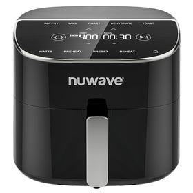 Nuwave Brio Plus 8 Qt Air Fryer front view with clear control panel for quick meals