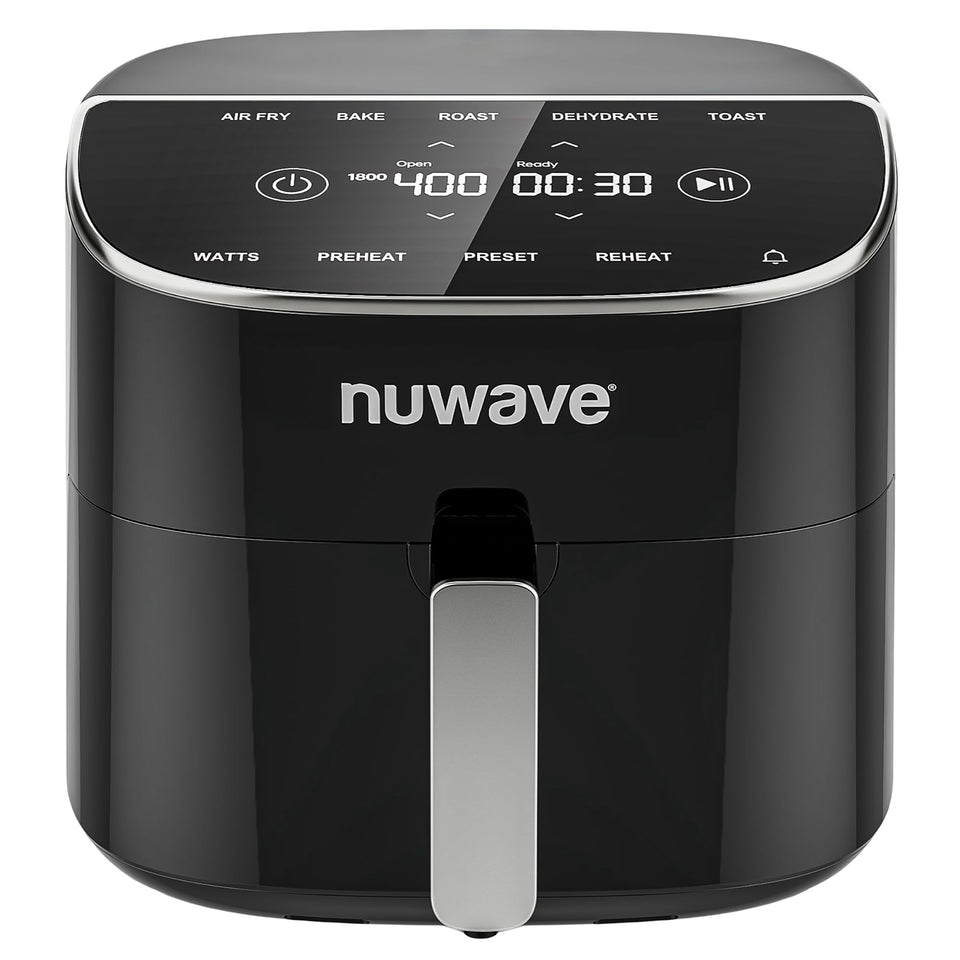 Nuwave Brio Plus 8 Qt Air Fryer front view with clear control panel for quick meals