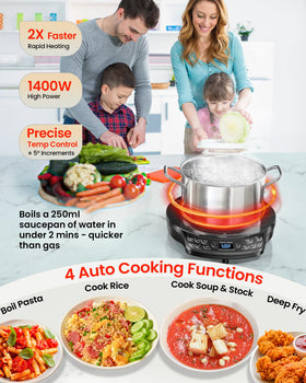 Nuwave Diamond compact cooktop in dorm use demonstrates space-efficient setup.
