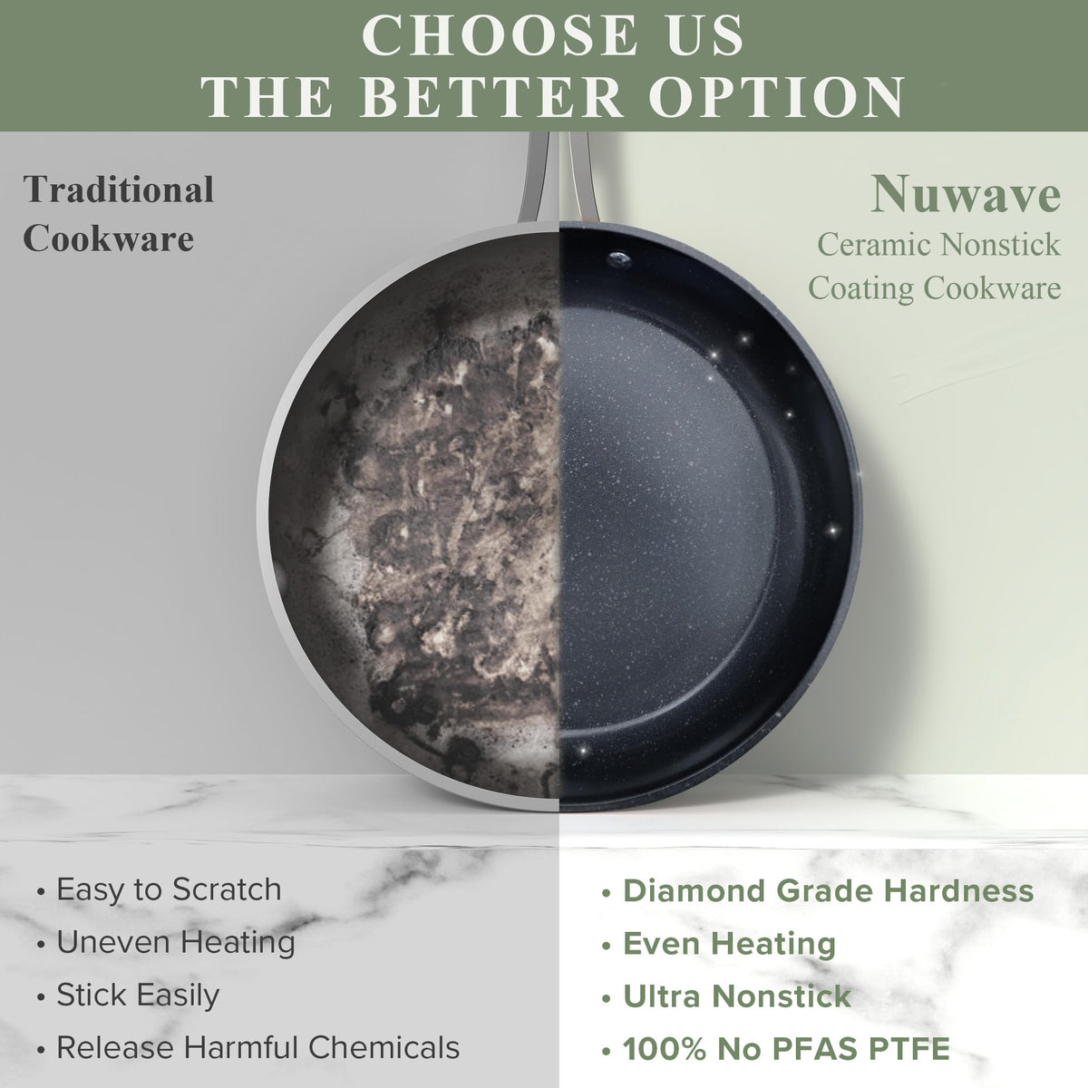 Nuwave Diamond-infused Blue nonstick resists wear and maintains release.