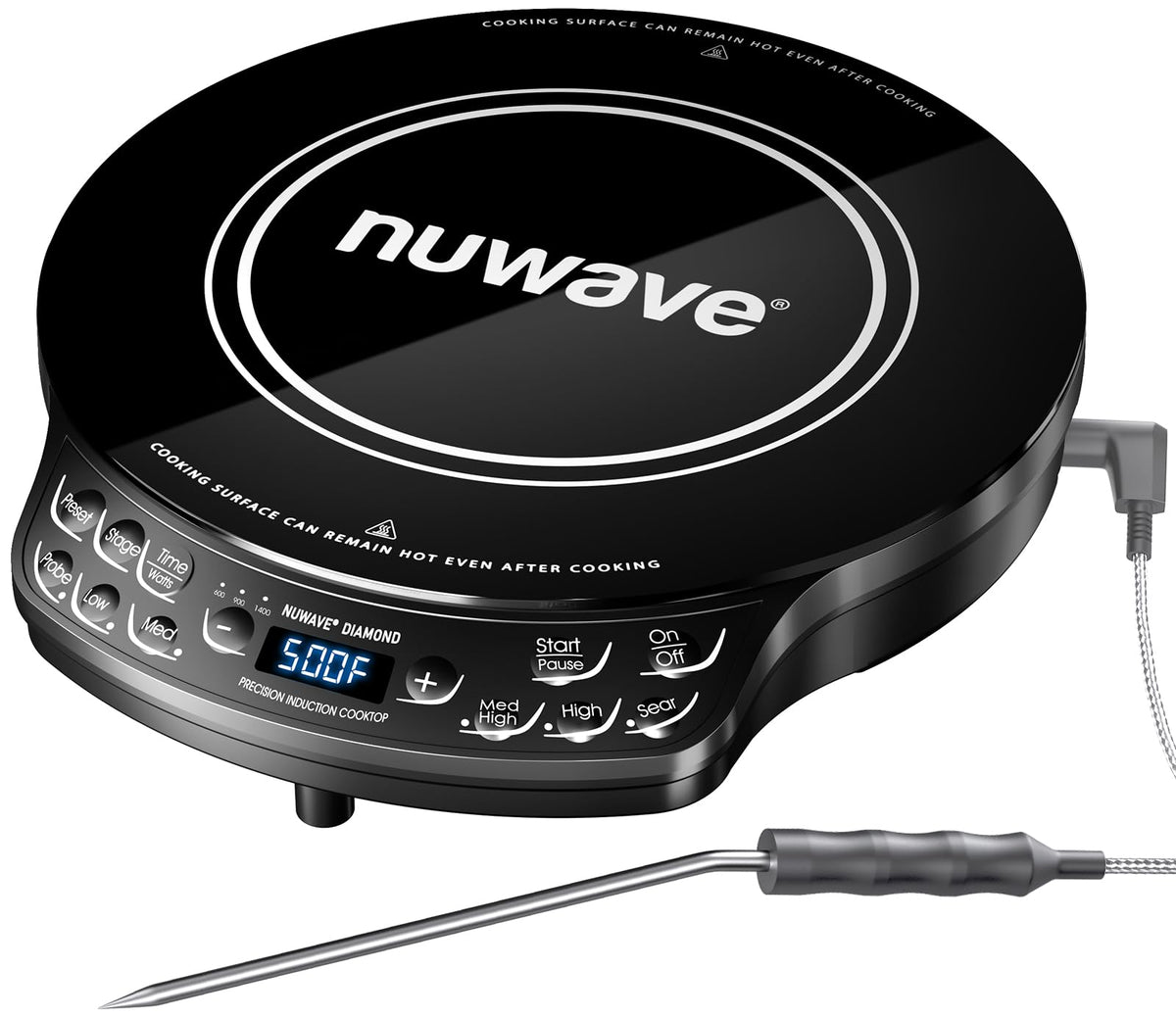 Nuwave Diamond portable induction cooktop front view, space-saving design for travel and small kitchens.