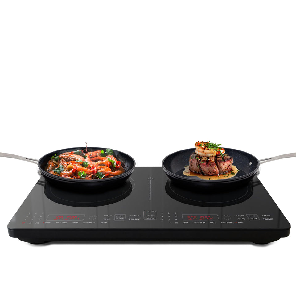 Nuwave Double Pro induction burner showing fast, energy-efficient heating on a compact countertop.