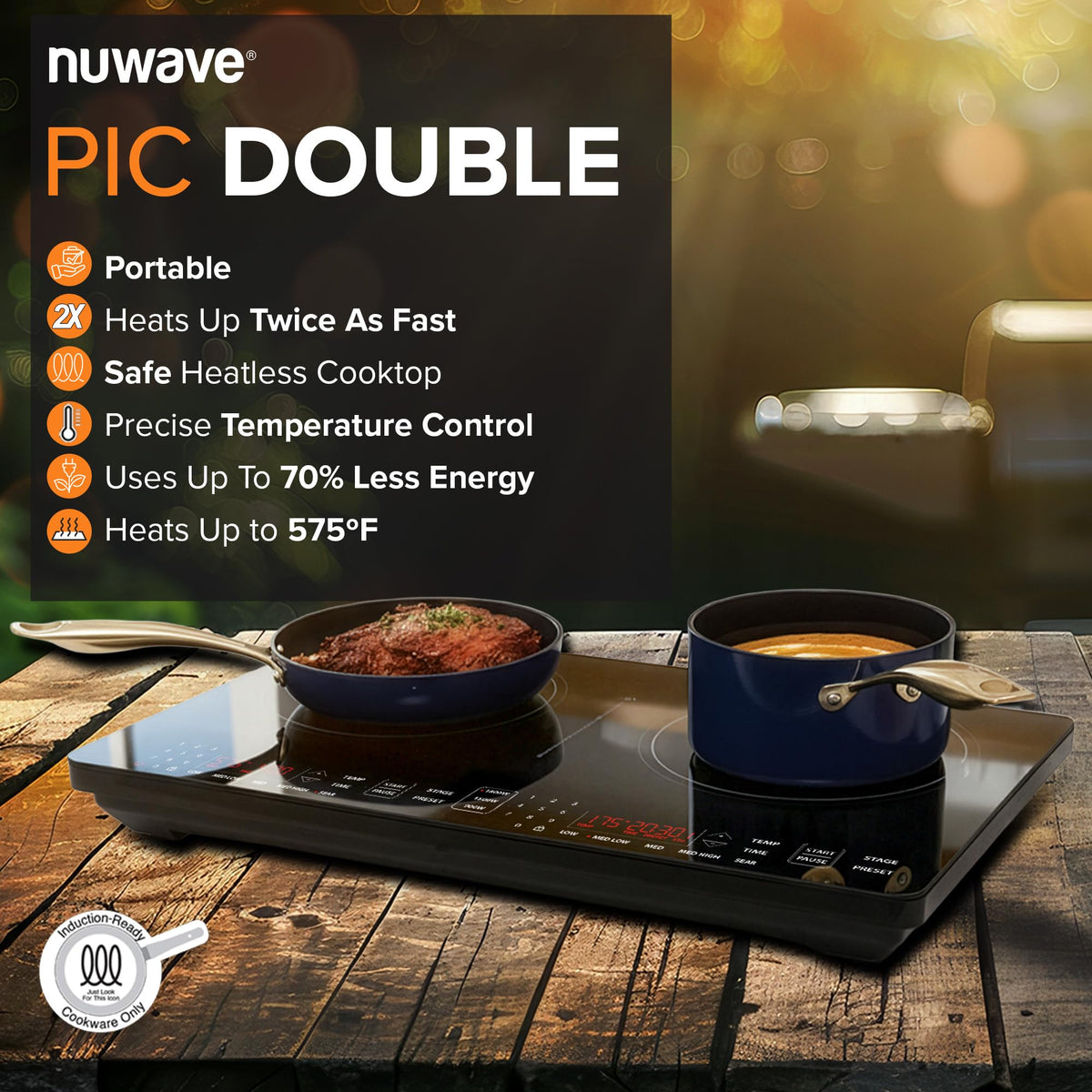 Nuwave Double Pro dual-zone controls enabling two dishes at different temperatures.
