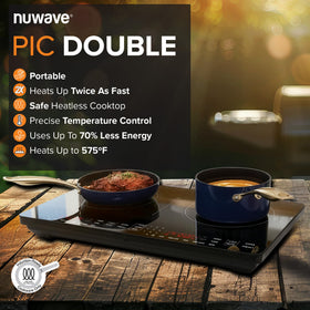 Nuwave Double Pro dual-zone controls enabling two dishes at different temperatures.