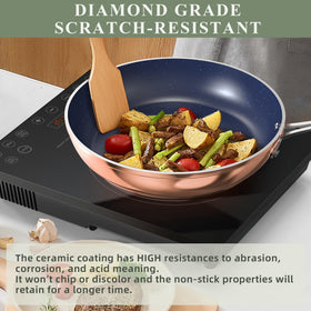 Nuwave Healthy Duralon Blue ceramic nonstick pan side shot highlights effortless food release