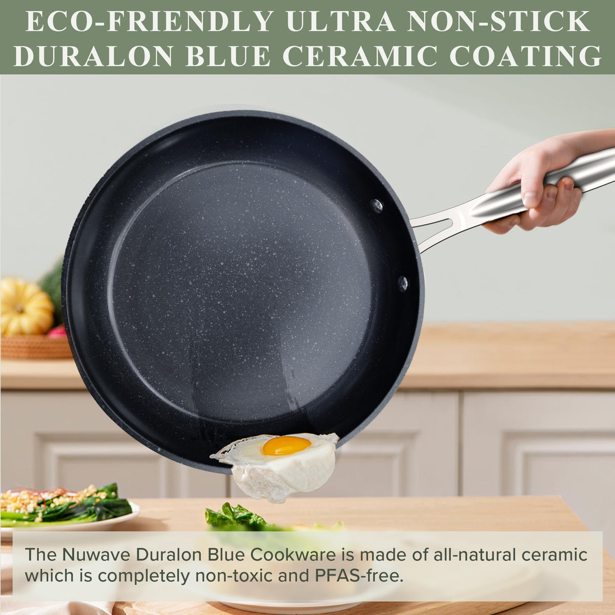 Nuwave Duralon Blue coating shown as scratch-resistant and easy to clean.