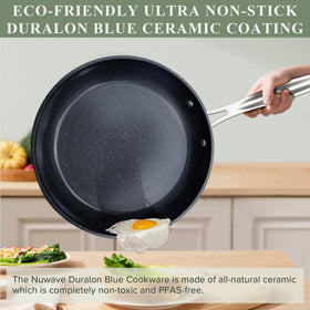 Nuwave Duralon Blue coating shown as scratch-resistant and easy to clean.