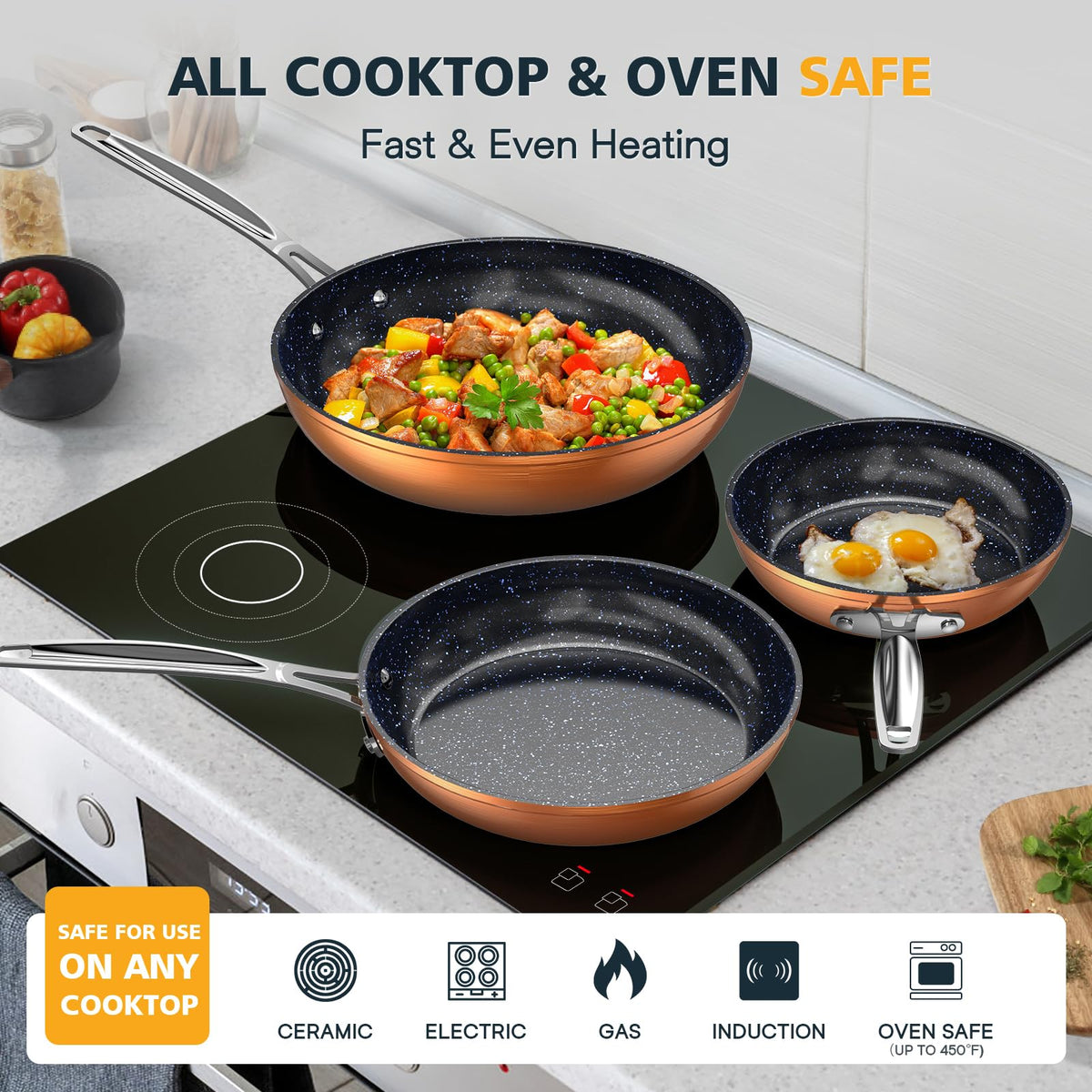 Nuwave ergonomic stay-cool handles reduce fatigue while lifting hot pans