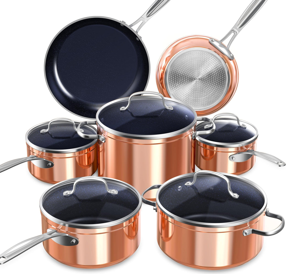 Nuwave Healthy Duralon Blue cookware set front view for even heating and easy cleanup