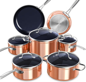 Nuwave Healthy Duralon Blue cookware set front view for even heating and easy cleanup