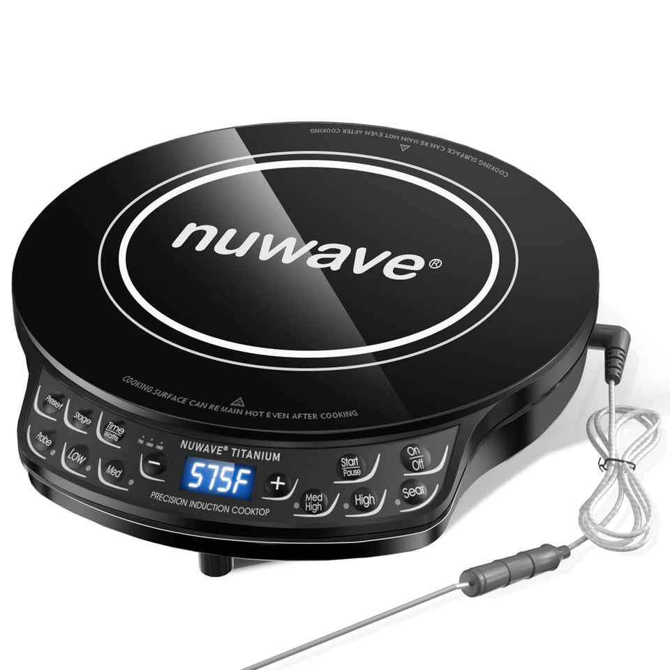 Nuwave induction cooktop with digital display for precise heat control.
